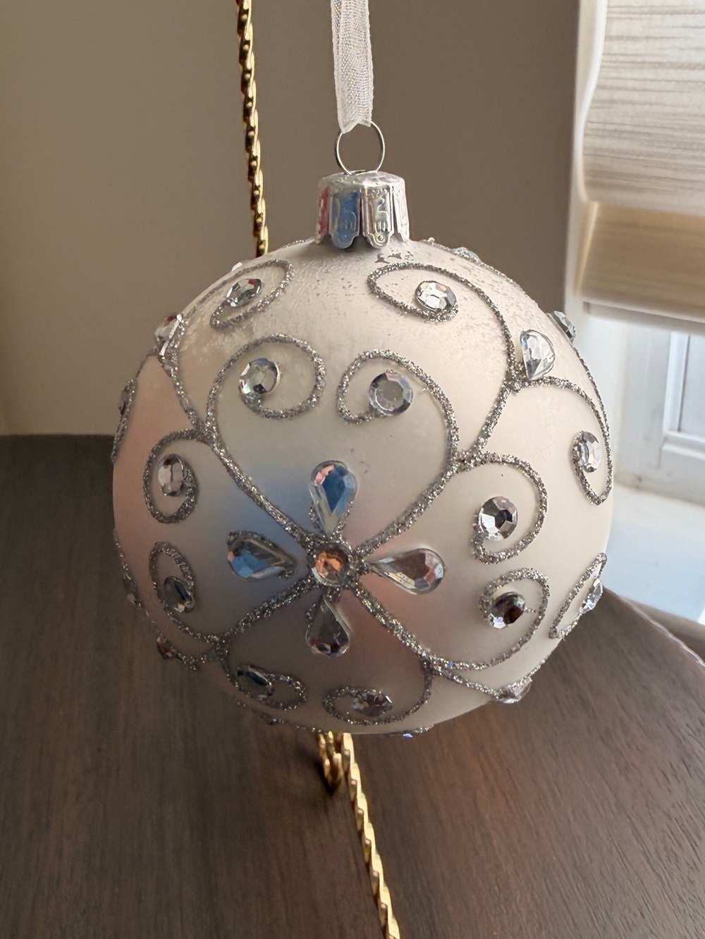 Vintage 1990s Santa's Best White Jeweled Glass Christmas Ornament